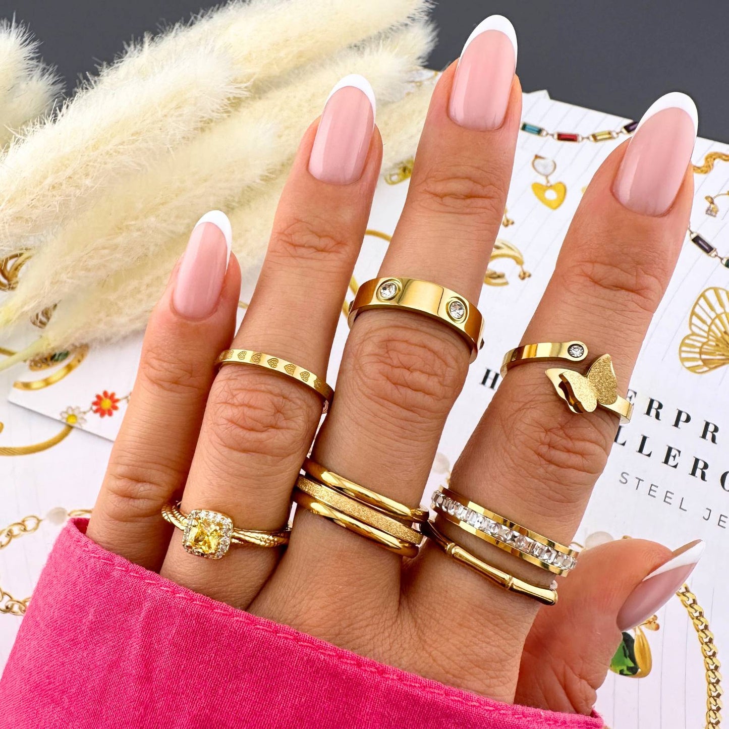 Anillo, 18K Chapado en oro, Circonita cúbica, Tallas 7 y 8