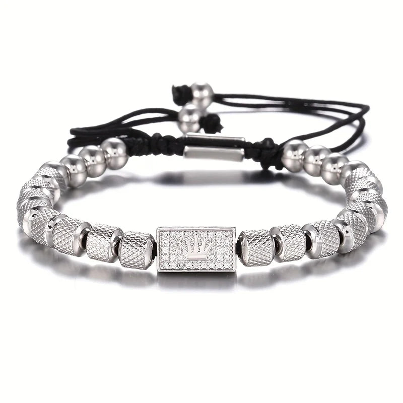 Pulsera de acero inoxidable con incrustaciones de circonitas y baño de oro de 18 quilates para hombre.