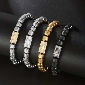 Pulsera de acero inoxidable con incrustaciones de circonitas y baño de oro de 18 quilates para hombre.