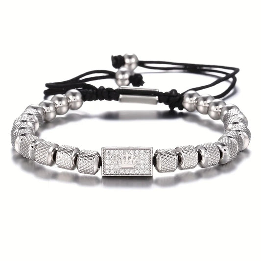 Pulsera de acero inoxidable con incrustaciones de circonitas y baño de oro de 18 quilates para hombre.