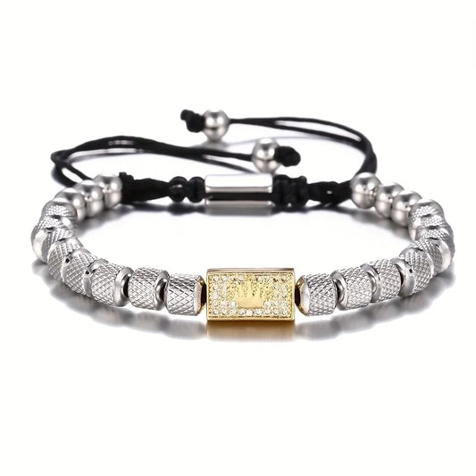 Pulsera de acero inoxidable con incrustaciones de circonitas y baño de oro de 18 quilates para hombre.